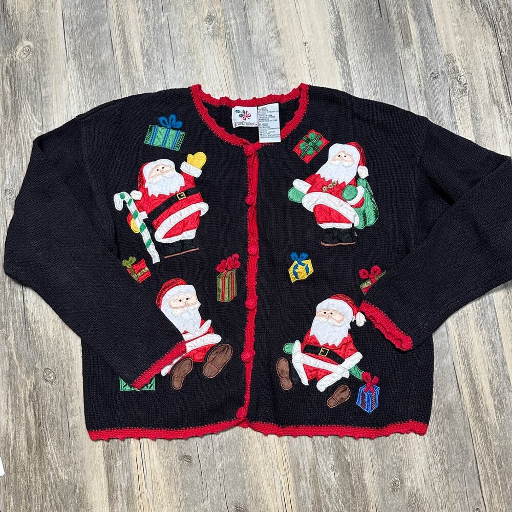Vintage Nutcracker Christmas Santa Claus Holiday Cardigan Sweater Large Ramie